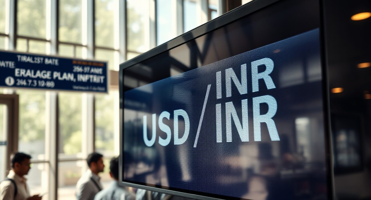 Currency exchange board showing USD/INR rate in a Mumbai bank lobby