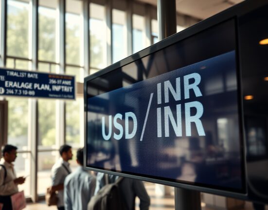 Currency exchange board showing USD/INR rate in a Mumbai bank lobby