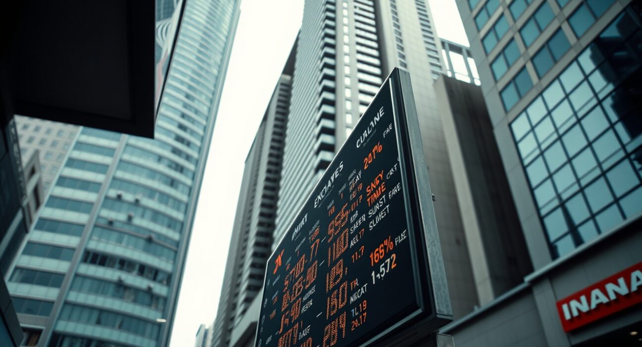 Digital exchange rate board showing USD/INR rates in a financial district in Mumbai.