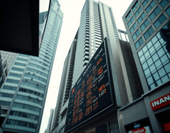 Digital exchange rate board showing USD/INR rates in a financial district in Mumbai.