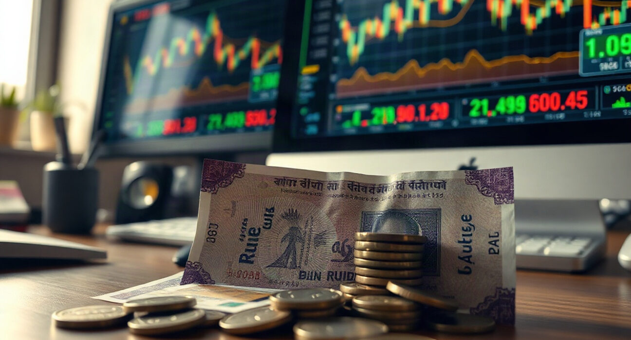 Indian rupee banknotes and coins on a desk with financial charts on a monitor in the background