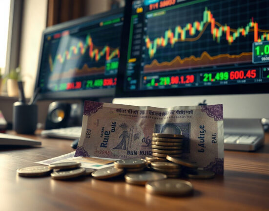 Indian rupee banknotes and coins on a desk with financial charts on a monitor in the background