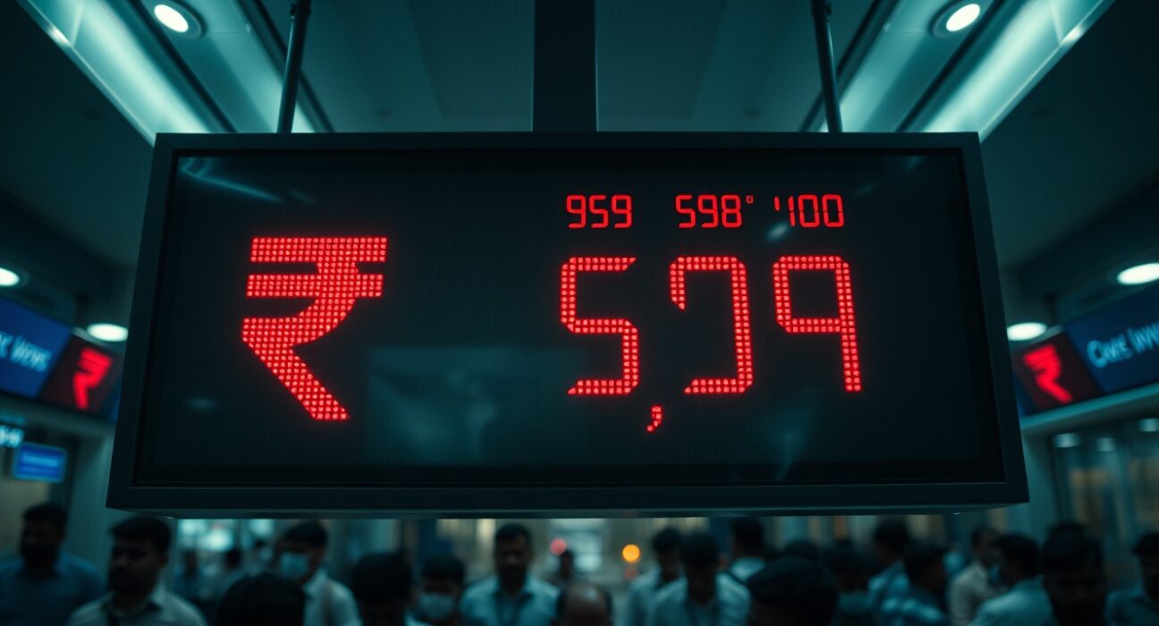 Currency exchange board in Mumbai showing falling rupee value against the dollar
