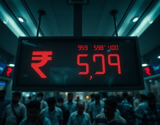 Currency exchange board in Mumbai showing falling rupee value against the dollar