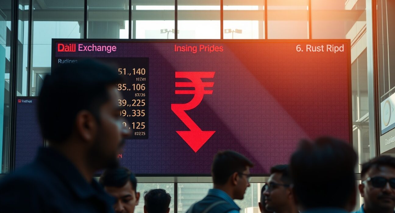 Forex board in Mumbai showing Indian Rupee weakening against rising crude oil prices