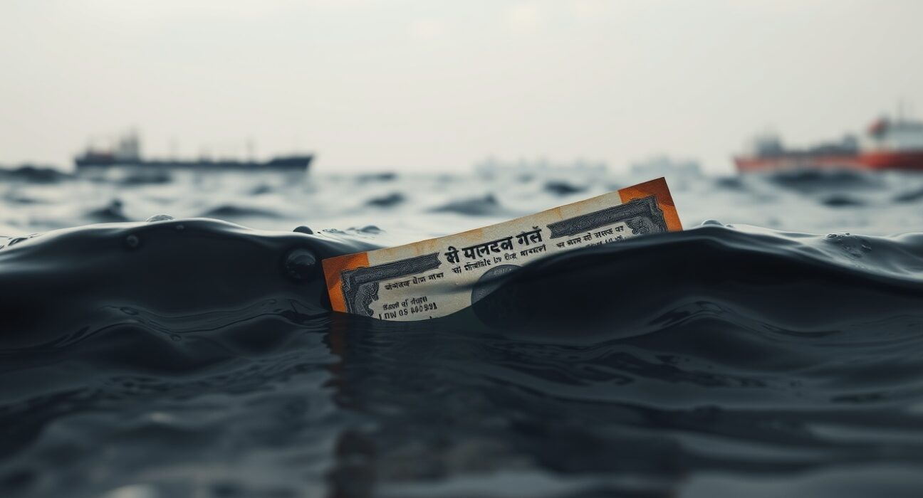 Indian Rupee banknote partially submerged in dark water, symbolizing currency decline amid Hormuz toll fee dispute.