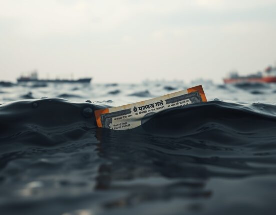 Indian Rupee banknote partially submerged in dark water, symbolizing currency decline amid Hormuz toll fee dispute.