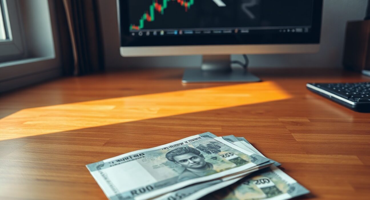Indian Rupee banknotes on a desk with a forex chart on a computer monitor in the background.