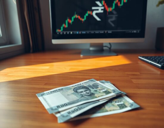 Indian Rupee banknotes on a desk with a forex chart on a computer monitor in the background.