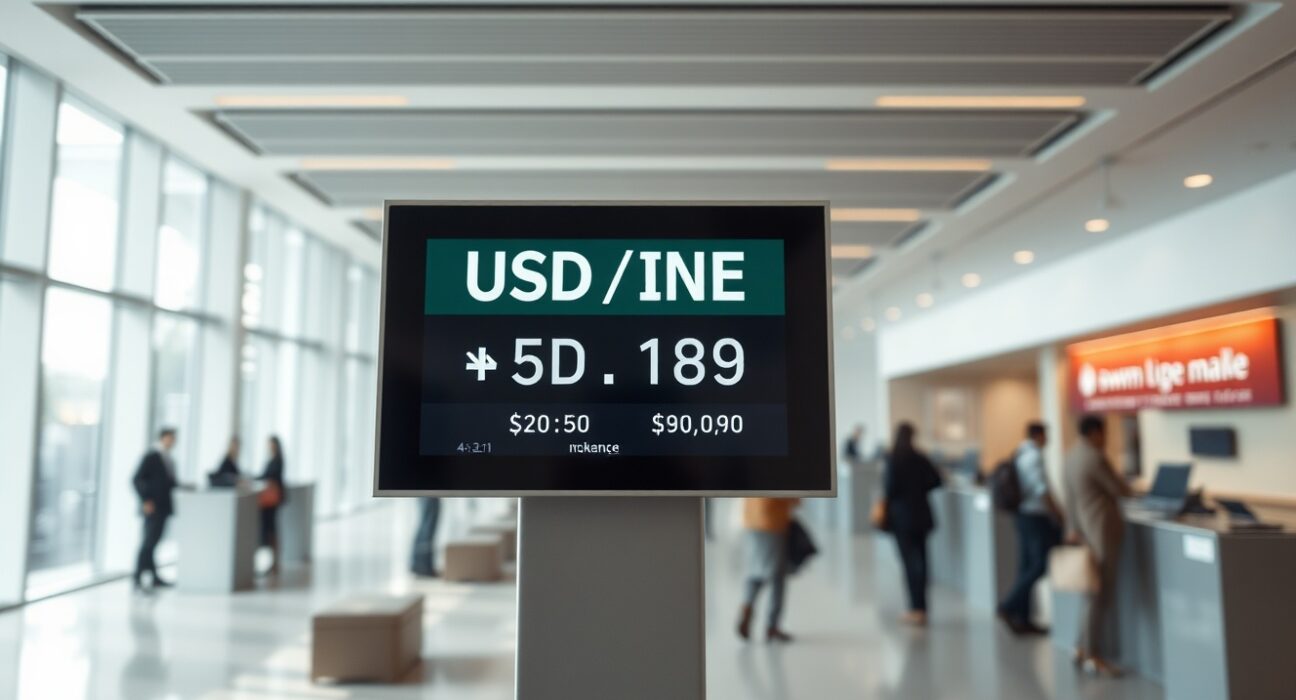Digital currency exchange board showing USD/INR rate in a modern Indian bank lobby