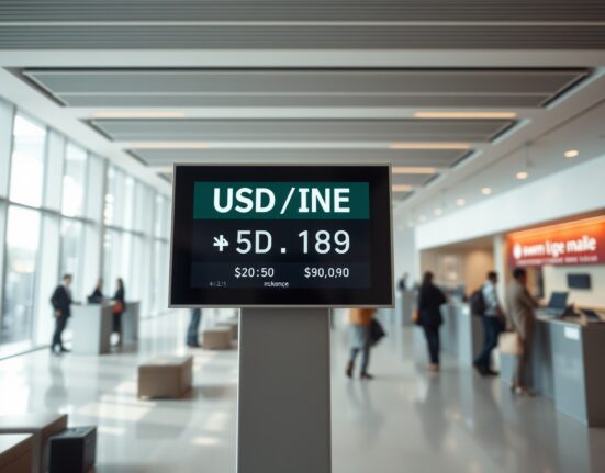 Digital currency exchange board showing USD/INR rate in a modern Indian bank lobby