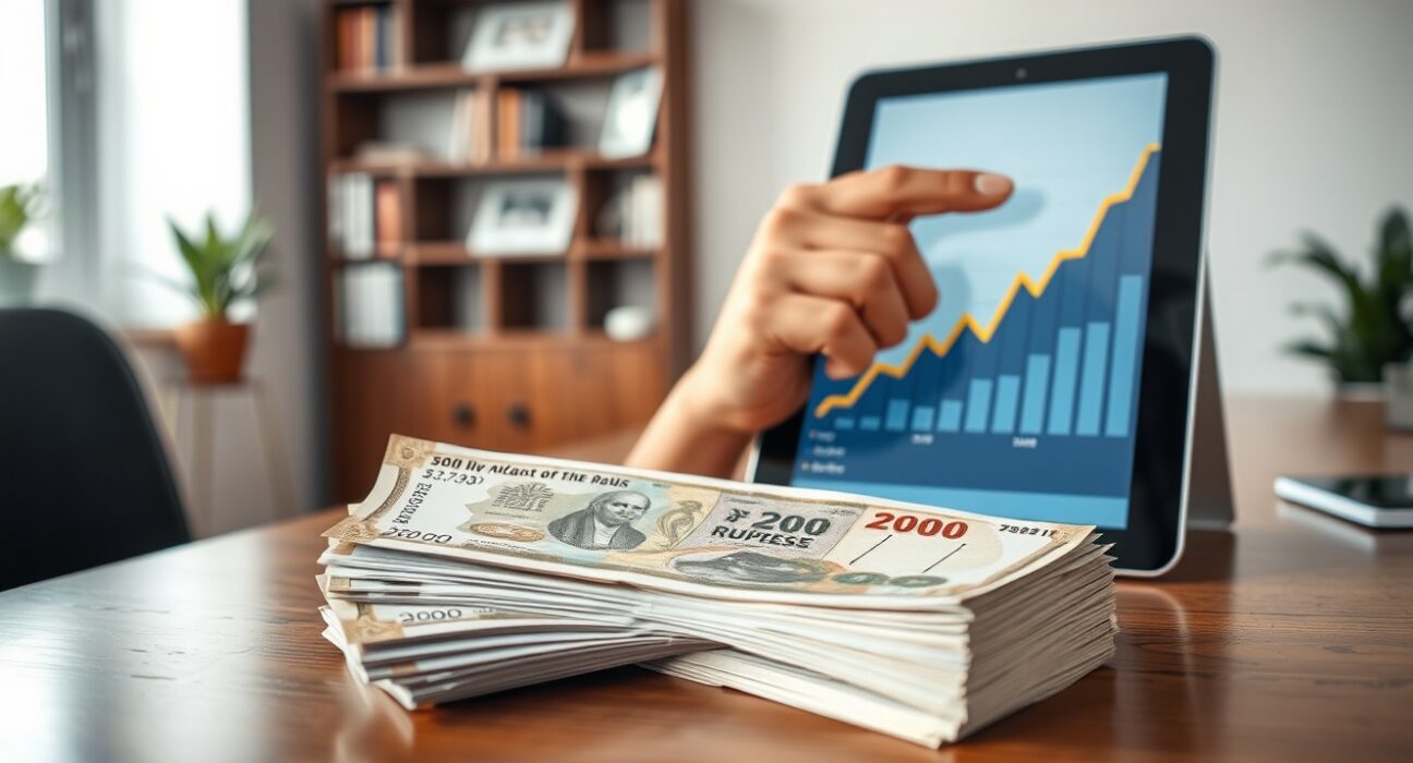Stack of Indian rupee notes and a financial chart on a tablet in a professional office setting