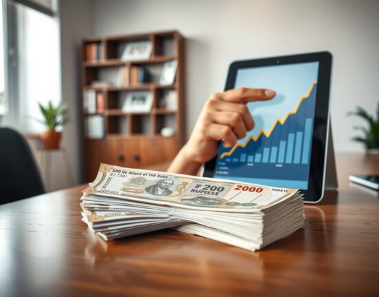 Stack of Indian rupee notes and a financial chart on a tablet in a professional office setting