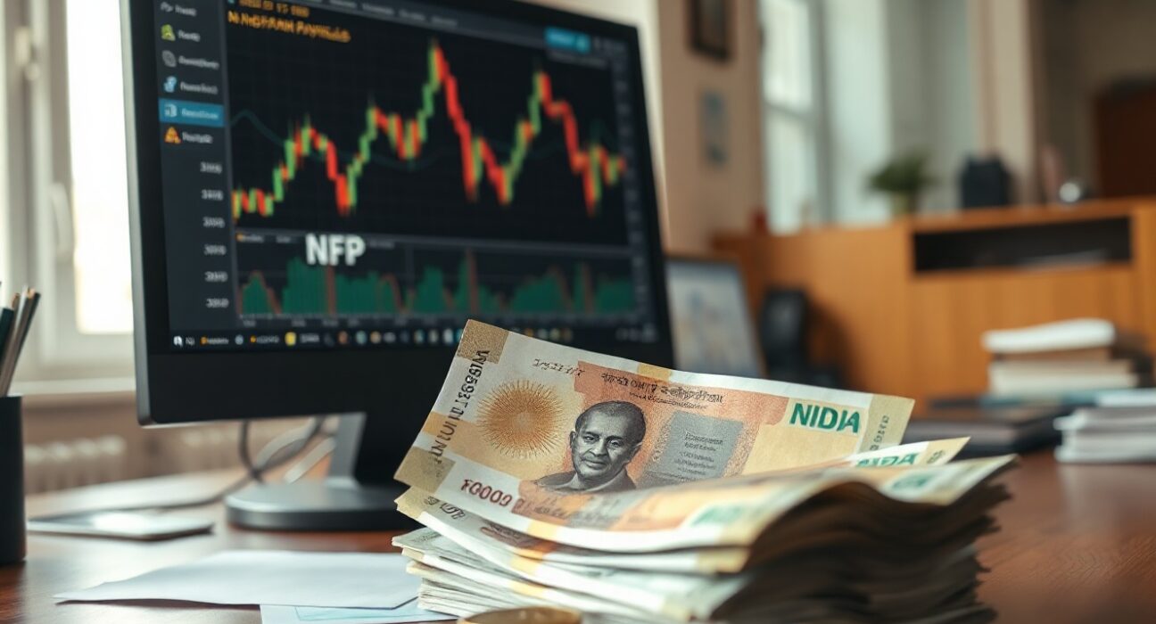 Indian rupee banknotes and coins with a trading chart on a monitor in the background