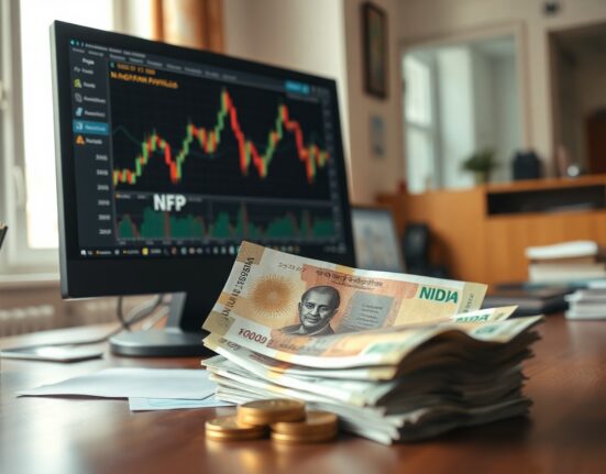 Indian rupee banknotes and coins with a trading chart on a monitor in the background