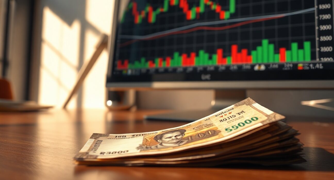 Close-up of Indian rupee banknotes on a desk with a financial chart in the background, representing forex market stability.