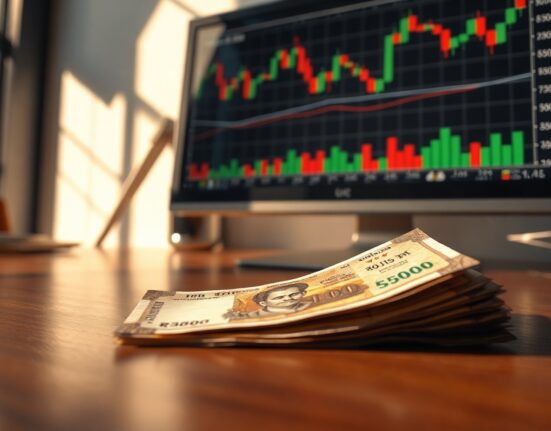 Close-up of Indian rupee banknotes on a desk with a financial chart in the background, representing forex market stability.