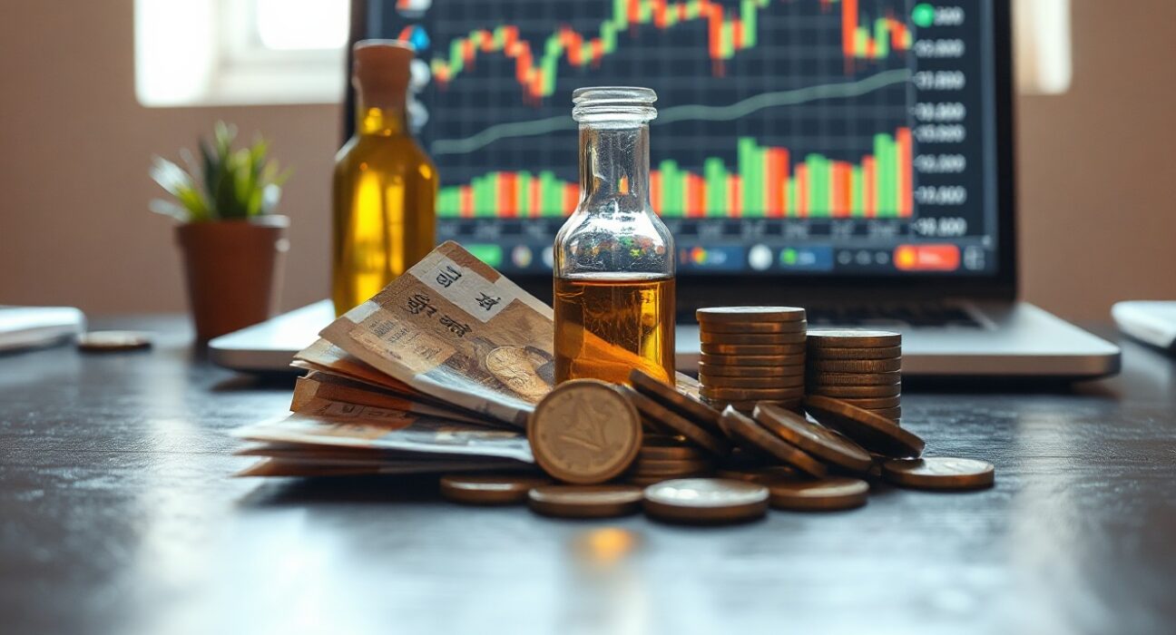 Indian rupee banknotes and coins with a small oil bottle and a financial chart on a laptop