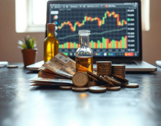 Indian rupee banknotes and coins with a small oil bottle and a financial chart on a laptop