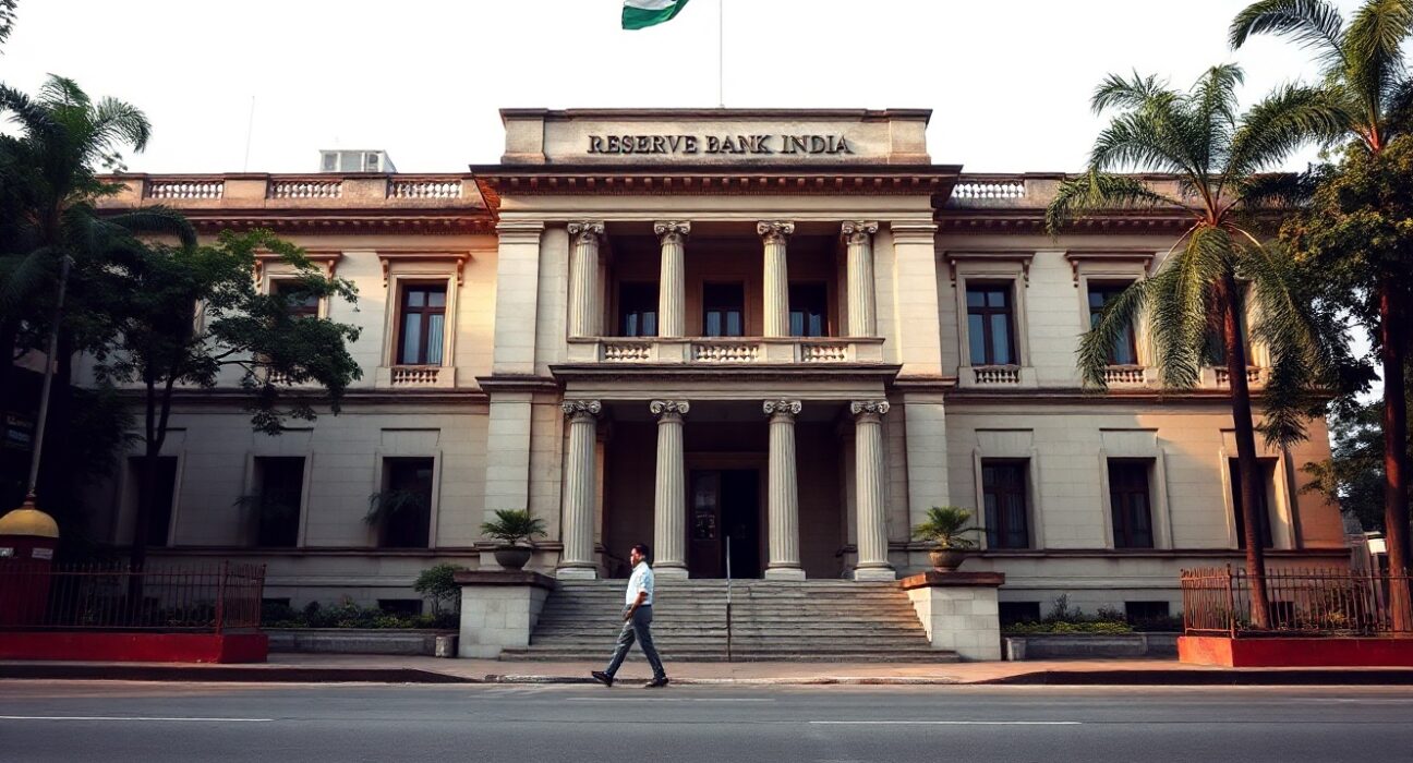 Exterior of the Reserve Bank of India headquarters in Mumbai on a cloudy day.