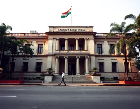 Exterior of the Reserve Bank of India headquarters in Mumbai on a cloudy day.