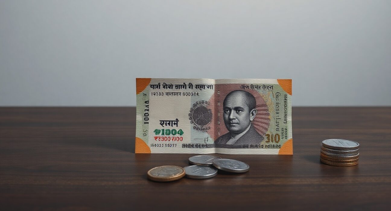 Indian rupee notes and coins on a dark surface with soft lighting