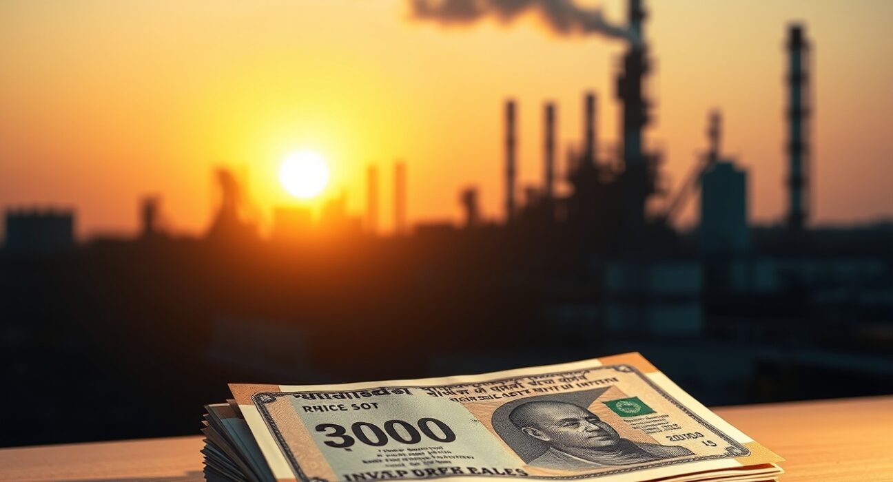 Indian Rupee banknotes in foreground with oil refinery in background at sunset