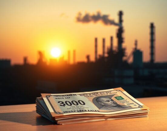 Indian Rupee banknotes in foreground with oil refinery in background at sunset