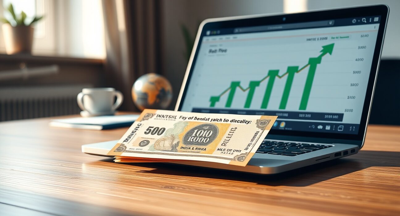 Indian Rupee notes on a desk with a laptop showing a financial chart, representing currency market strength amid geopolitical news.