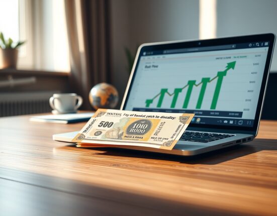 Indian Rupee notes on a desk with a laptop showing a financial chart, representing currency market strength amid geopolitical news.