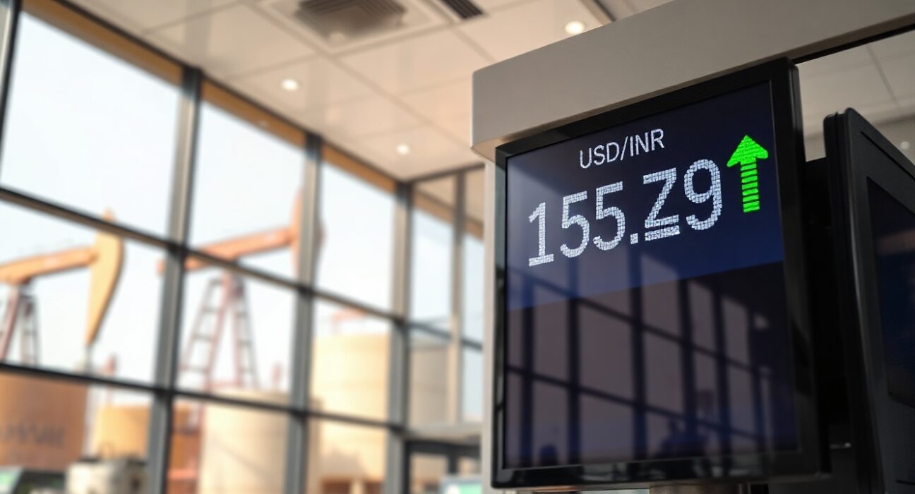 Electronic currency exchange board showing USD/INR rate with rupee strengthening, in a bank lobby.