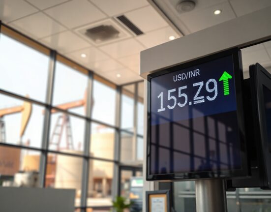 Electronic currency exchange board showing USD/INR rate with rupee strengthening, in a bank lobby.