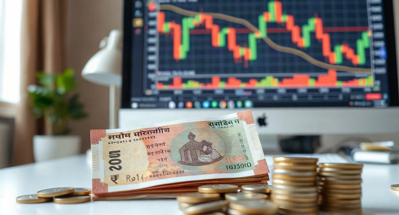 Indian Rupee notes and coins with a forex chart in the background