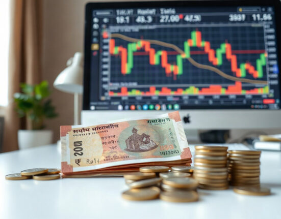 Indian Rupee notes and coins with a forex chart in the background