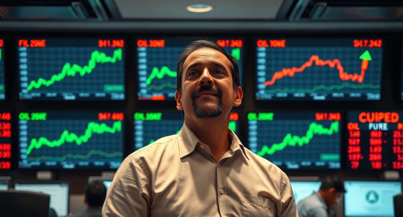 Forex trader monitoring Rupee and crude oil price charts in a Mumbai trading room