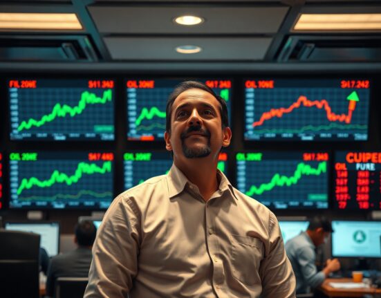 Forex trader monitoring Rupee and crude oil price charts in a Mumbai trading room