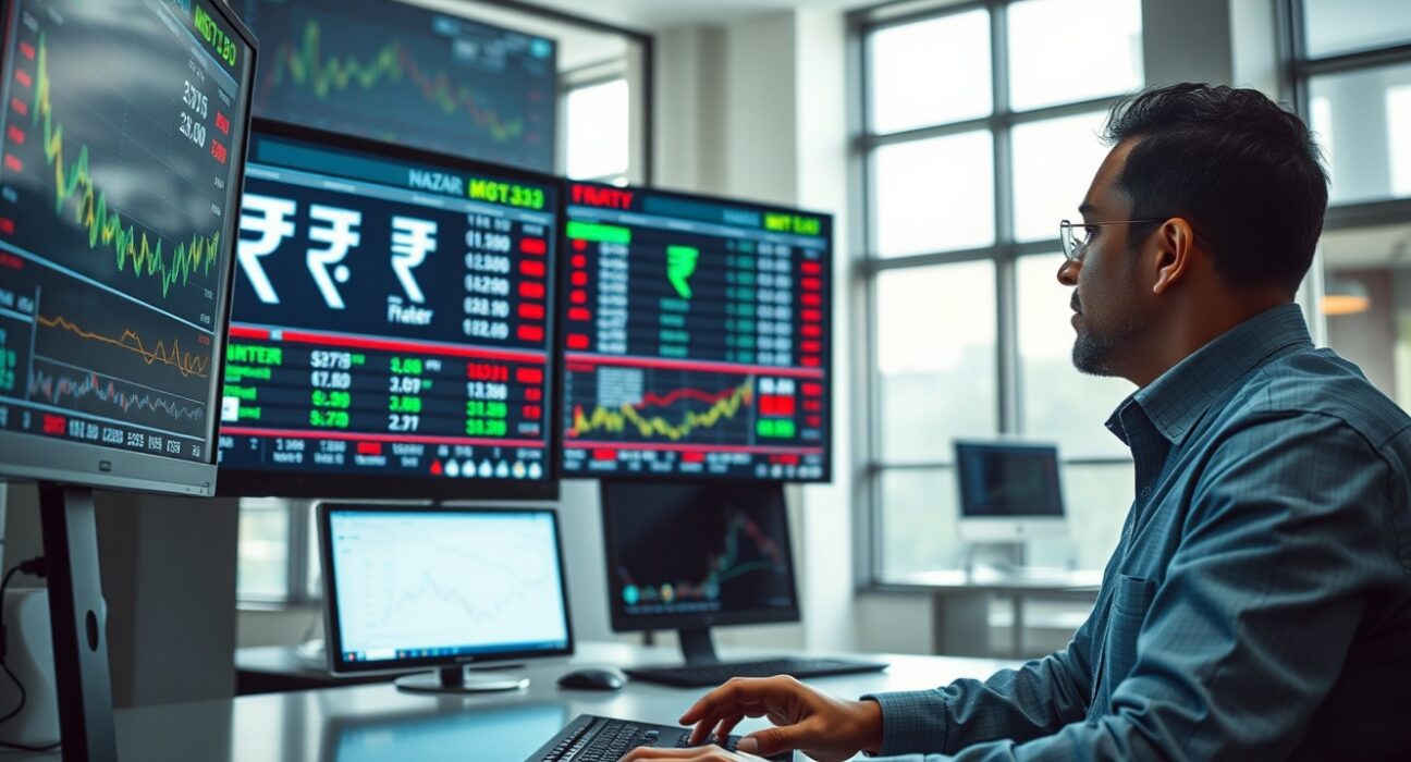 Financial trader monitoring currency exchange rate charts on multiple screens in a Mumbai trading floor.