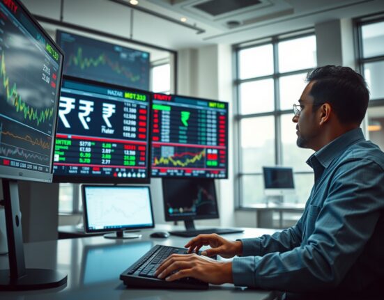 Financial trader monitoring currency exchange rate charts on multiple screens in a Mumbai trading floor.