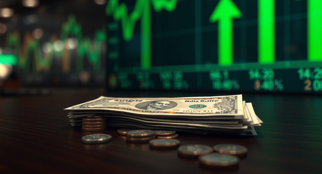 Indian rupee notes and coins on a dark surface with a financial market background