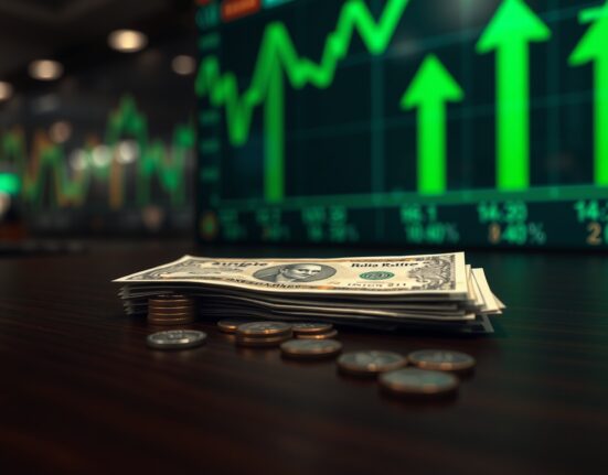 Indian rupee notes and coins on a dark surface with a financial market background