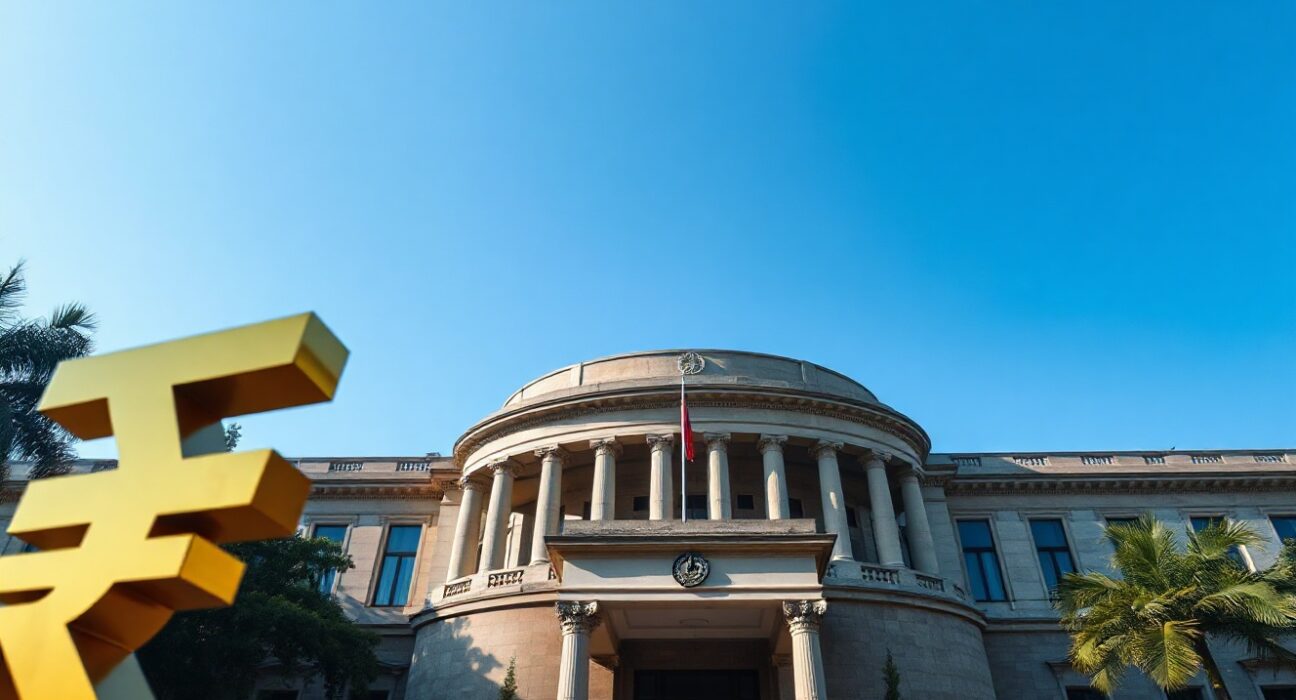 Reserve Bank of India headquarters in Mumbai on a clear day, representing monetary policy and rupee strength.