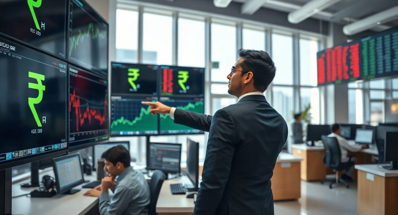 Currency trader monitoring Indian Rupee exchange rates on trading floor screens in Mumbai