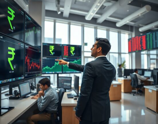 Currency trader monitoring Indian Rupee exchange rates on trading floor screens in Mumbai