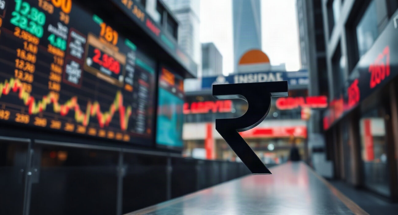 Indian Rupee symbol with financial charts in background