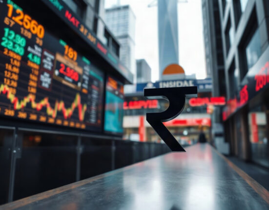 Indian Rupee symbol with financial charts in background