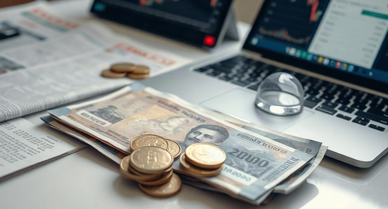 Indian Rupee banknotes and coins with financial chart on laptop