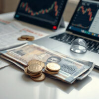 Indian Rupee banknotes and coins with financial chart on laptop