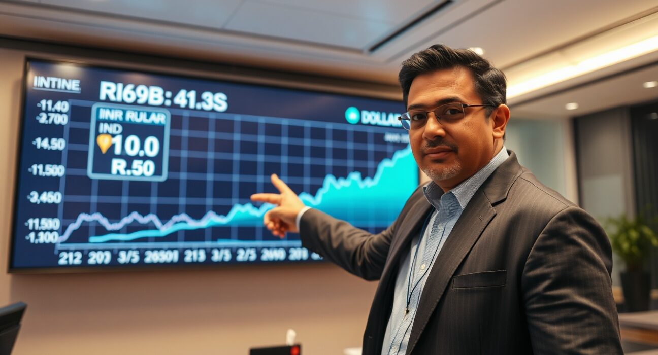 Analyst pointing at Indian rupee chart on digital screen in a trading room.