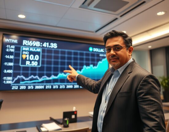 Analyst pointing at Indian rupee chart on digital screen in a trading room.