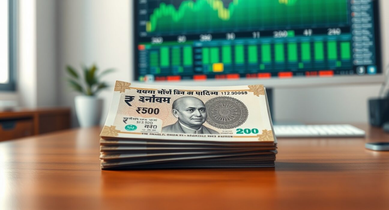 Stack of Indian rupee banknotes on a desk with a financial chart in the background